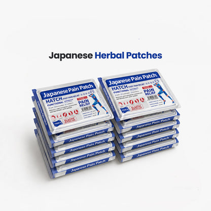 Stack of Japanese Pain Patch boxes with promotional text on a white background