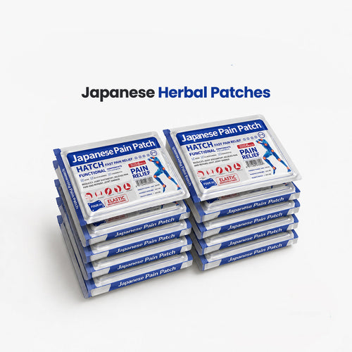 Stack of Japanese Pain Patch boxes with promotional text on a white background